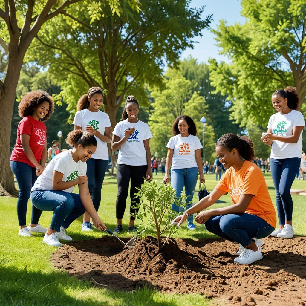 A diverse group of people engaging in community service, showcasing joyful interactions as they plant trees and provide education. Vibrant colors radiate hope and togetherness, with symbols of health and wellness illustrated in the background. Include elements that represent charity, like hands giving and receiving, to emphasize support and empowerment. super-realistic. warm tones. energetic atmosphere.