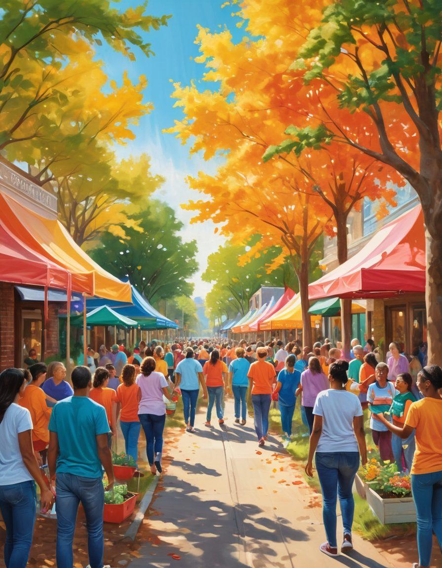 A vibrant community gathering scene featuring diverse people of all ages engaged in various philanthropic activities, such as volunteering, planting trees, and donating items. The backdrop showcases a lively neighborhood with colorful banners and signs promoting kindness and support. Sunlight filters through a canopy of trees, symbolizing hope and growth. Integrate elements that indicate collaboration and joy, like smiles and handshakes. Illustrate in a warm, inviting painting style with bright and harmonious colors.